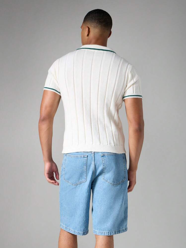 Slim Fit gerippter Polo-Pullover mit Tennisschläger-Stickerei, kontrastierendem Saum, lässiger Sommer-Polokragen-Pullover