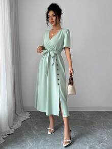Balvessa Đầm nữ dáng suông thắt eo, kiểu dáng thường ngày, thích hợp đi nghỉ mát hoặc đi làm, màu xanh lá cây nhạt, bộ sưu tập Xuân/Hè 2026. - màu xanh lá - Xem 6