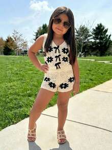 Young Girl Casual Daily Vacation Black & White Knitted Set - Black and White - View 1