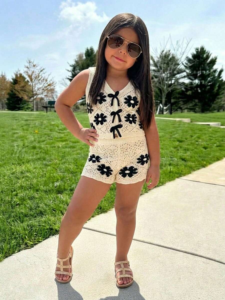 Young Girl Casual Daily Vacation Black & White Knitted Set - Black and White - View 1