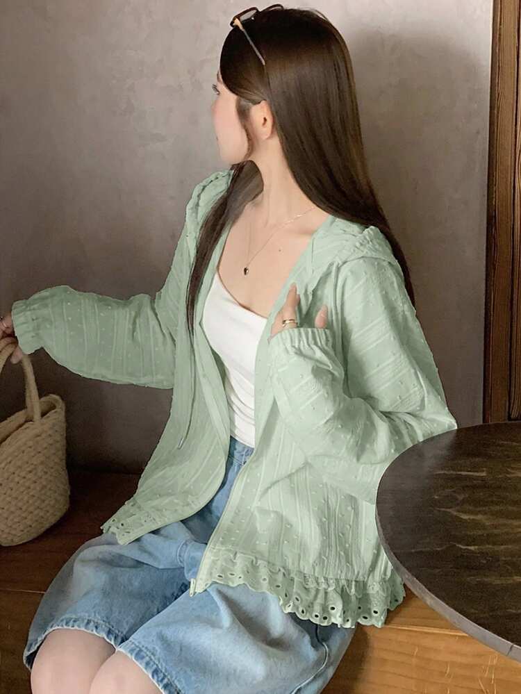 Women's Hooded Long Sleeve Loose Textured Fabric Lace Patchwork Casual Vacation Style Regular Jacket
