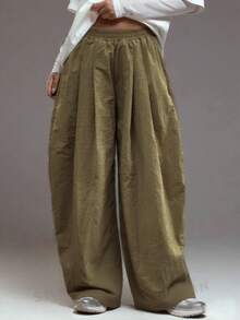 MUSERA 超宽褶皱灯笼裤，酷女孩舒适可爱户外探险风，Y2K风格，春夏休闲度假风 - 軍綠色 - 查看 2