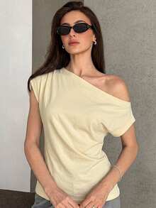 Livesso Striped Off-Shoulder Ruched Bodycon Short Sleeve T-Shirt For Women Summer - Yellow - View 3