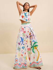 LOTSLUV Women's White Summer Boho Holiday Vacation Holiday Coconut Tree Bird Print Round Neck Sleeveless Cropped Top & Wide Leg Pants 2-Piece Set - Multicolor - View 9