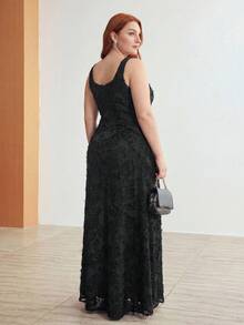 MOTF PREMIUM PLUS SIZE BLACK JACQUARD SPAGHETTI STRAP CINCHED WAIST DRESS - Black - View 3