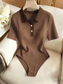 SHEIN Franclia 休闲连体衣、优雅连体衣、夏季连体衣、沙滩连体衣、度假连体衣、翻领短袖毕业连体衣 - 咖啡棕 - 查看 1