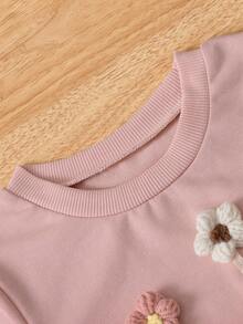 SHEIN Genkimix Kids 女童3D花朵蝴蝶结装饰圆领短袖T恤，夏季 - 粉色 - 查看 5
