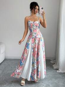 Modelyn Vestido midi con estampado floral francés, tirantes finos y falda acampanada, estilo elegante para vacaciones - Multicolor - Ver 3