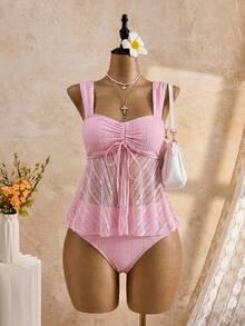 Swim Mod 26SS Spring/Summer Vacation Beach Cute Yellow Jacquard Embroidery Camisole & Bikini Set - Pink - View 4