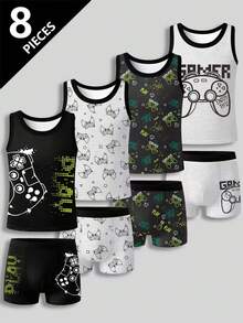 SHEIN GraphicGems Set de 4 piezas de chaleco sin mangas y calzoncillos con estampado de consola de juegos minimalista para niños - Multicolor - Ver 3