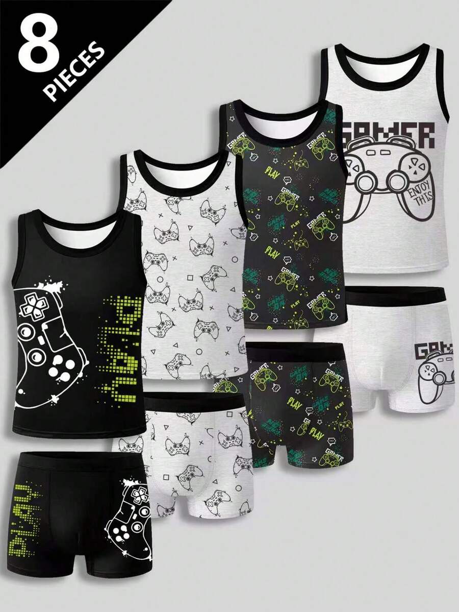 SHEIN 4件套男童简约游戏机印花无袖背心和三角内裤套装 - 彩色 - 查看 1