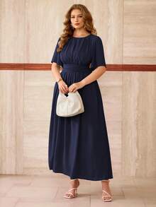 Roveilla Đầm maxi nữ cỡ lớn mùa xuân/hè kiểu Pháp lãng mạn Sicily thanh lịch thường ngày đi làm, đi nghỉ mát, dự tiệc trà chiều, chất liệu chiffon màu trơn, cổ tròn, eo xếp ly, gấu váy xếp tầng, có lớp lót, không tay. - Màu xanh hải quân - Xem 5