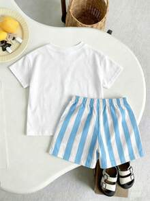 SHEIN 2er/Set Jungen T-Shirt Set, süßer Cartoon Auge & Palmenbaum Muster Sommer passende Shorts, lässiges Urlaubs Familien Outfit für den täglichen Gebrauch - Verschiedenfarbig - Übersicht 2