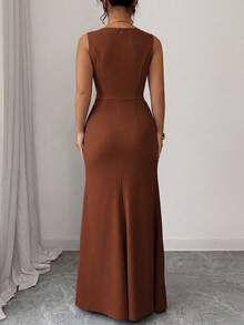 Elenzga Plus Size Sleeveless Square Neck Pearl Decor Waist Fitted Ruffle Slit Elegant Ladies Dress, Lightweight Cocktail Formal Party Mermaid Hem - Brown - View 2