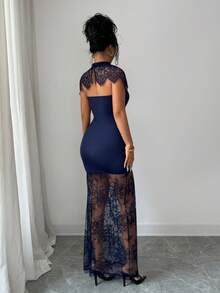 SHEIN Elenzya Elegant Solid Color Lace Patchwork Summer Dress - Navy Blue - View 2