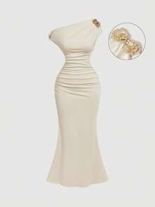 SHEIN MOD Asymmetric One-Shoulder Mid-Length Dress – Elegant Single Shoulder Design - Apricot - View 4
