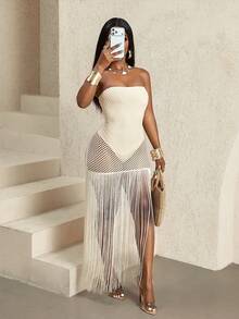 SHEIN BamGlam Women's Solid Color Fringe Hem Strapless Dress Light Beige,Summer,Casual,Holiday,Vacation,Holiday Island Beach Outfits Y2K Mesh Club Party Wear - Apricot - View 5