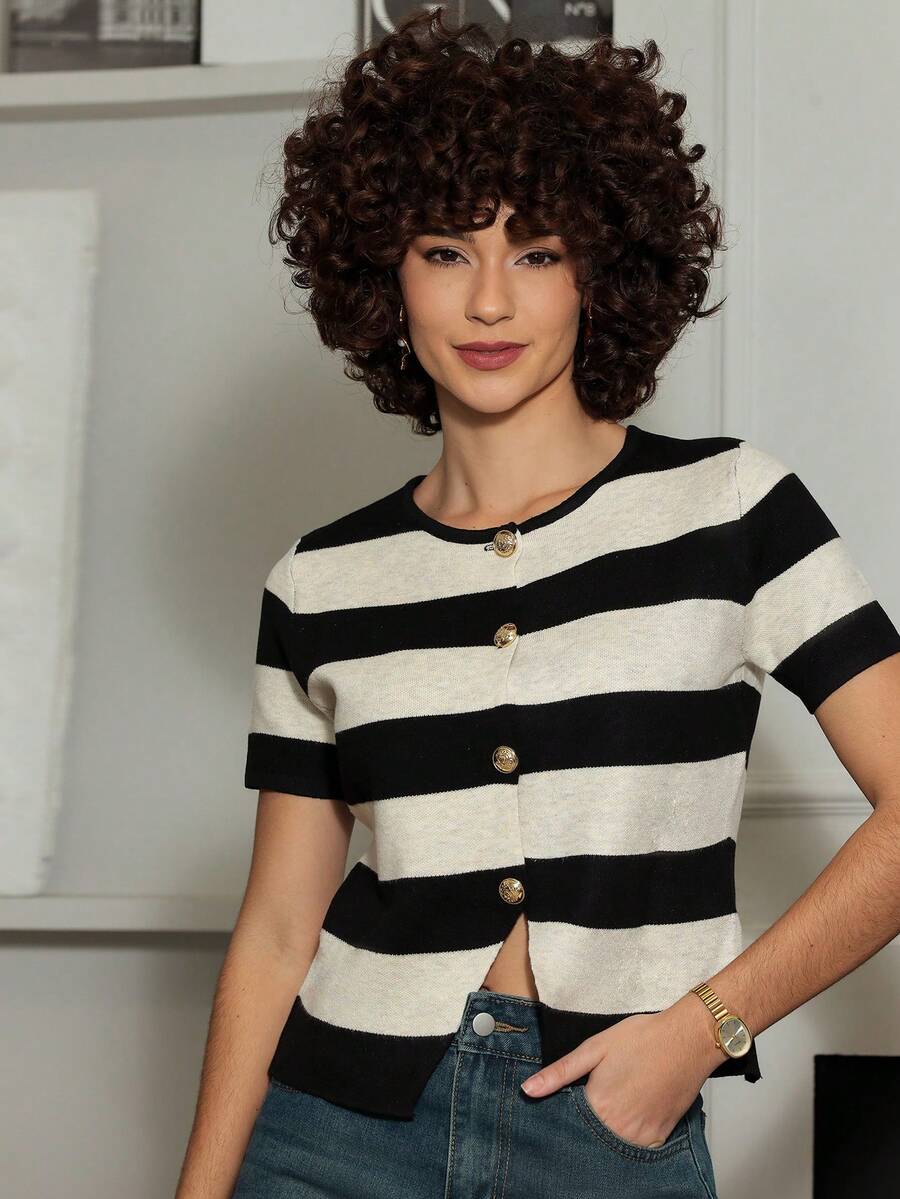 Xuxu's by Gio Women's Contrast Stripe Button Front Short Sleeve Knit Top New Year ,Party,Christmas Summer,Fall,Fall Clothes For Women,Winter Clothes For Women Casual - Apricot - View 1