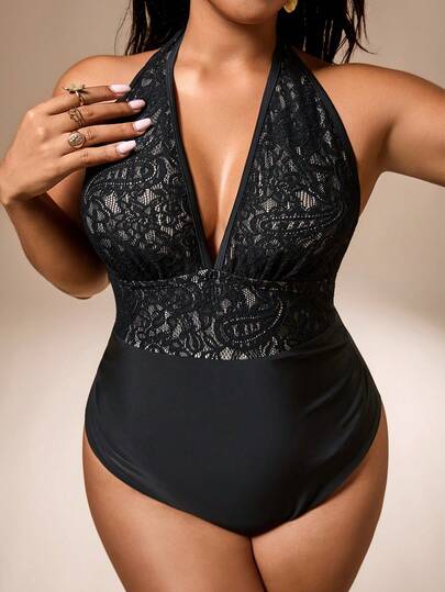 Auralis Traje de baño de una pieza con escote de encaje para mujer de talla grande, adecuado para vacaciones en la playa, fiestas en la piscina y fiestas en la playa