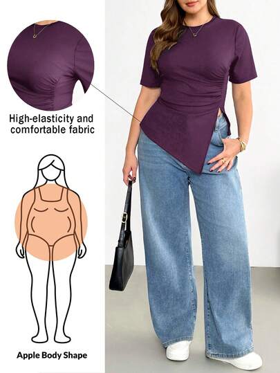 Shapeblank Camiseta básica negra de manga corta para mujer talla grande, con cintura fruncida, bajo irregular y versátil, cómoda y elástica para uso diario, ideal para looks de verano y salidas
