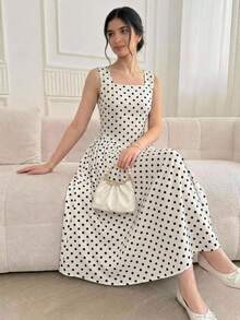 SHEIN 少女度假风方领无袖黑白波点优雅中长连衣裙，法式条纹连衣裙，波点连衣裙，野餐连衣裙，黑白连衣裙，下午茶连衣裙，花园派对连衣裙，中长连衣裙，黑白夏日连衣裙，春季连衣裙，波点吊带连衣裙 - 黑與白 - 查看 4