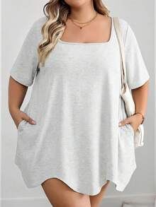 SHEIN CURVE+ Quần áo cỡ lớn/Quần áo mùa thu/Quần áo nữ mùa đông/Quần áo mùa đông cho nữ/Áo thun tay ngắn cổ vuông vạt lệch có túi cỡ lớn màu đen cỡ lớn 8XL quần áo nữ cỡ lớn 6XL quần áo nữ cỡ lớn 5XL cỡ lớn áo cỡ lớn, trang phục ngày lễ cho nữ quần áo mùa thu cho nữ, mùa đông, CURVE PLUS - Màu Xám nhạt - Xem 5