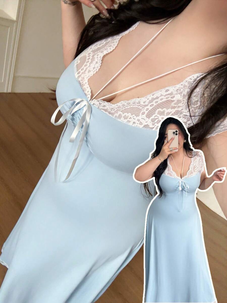 Vibekara Plus Size Diamond Collar Ribbed Color Block Cap Sleeve Dress, Formal Occasion Wear - Blue and White - View 1