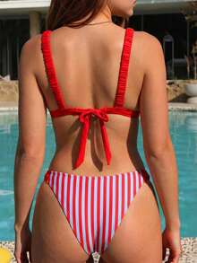 SHEIN Swim 女款夏季度假休閒海灘套裝，紅藍條紋印花比基尼兩件式泳衣套裝，附綁帶設計 - 彩色 - 查看 2