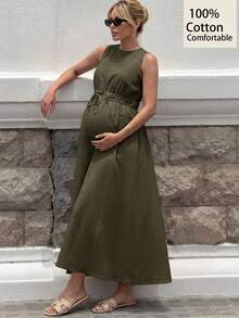 MaterniWear Maternity Solid Color Round Neck Pleated Casual Vacation Dress - Army Green - View 1