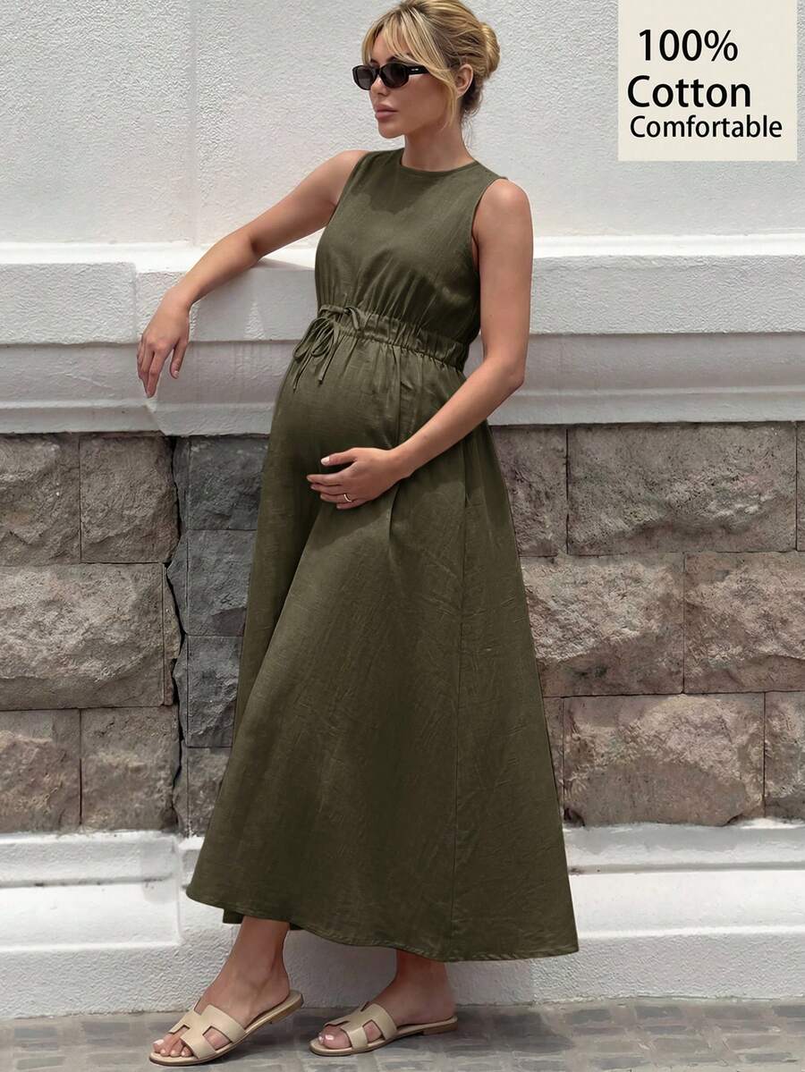 MaterniWear Maternity Solid Color Round Neck Pleated Casual Vacation Dress - Army Green - View 1