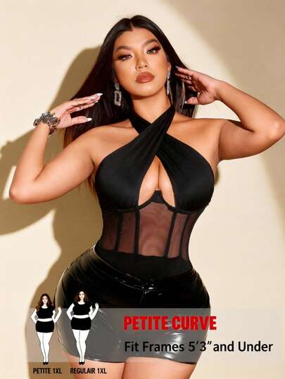 SHEIN PETITE CURVE 大码女式春夏黑色蕾丝性感镂空弹力休闲法式针织百搭舒适叠穿上衣，优雅性感年轻女士服装
