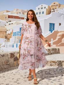 EMERY ROSE Plus Size Casual Dress, White Round Neck Unbutton Asymmetrical Flowy Hem, Bohemian Style, Suitable For Spring & Summer Summer Outfit For Women - Pink - View 4