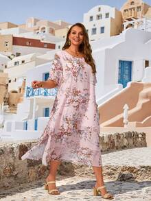EMERY ROSE Plus Size Casual Dress, White Round Neck Unbutton Asymmetrical Flowy Hem, Bohemian Style, Suitable For Spring & Summer Summer Outfit For Women - Pink - View 6