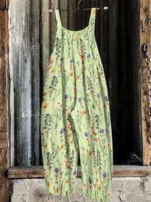 SHEIN LUNE CURVE Plus Size Casual Vacation Loose Adjustable Button Digital Ditsy Floral Jumpsuit, Suitable For Countryside Gathering, Picnic - Green - View 2