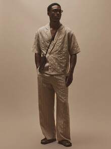Musero Pantalones rectos con cintura con cordón elástico y botón, con textura de rayas, esenciales de primavera/verano - Albaricoque - Ver 1