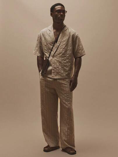Musero Pantalones rectos con cintura con cordón elástico y botón, con textura de rayas, esenciales de primavera/verano