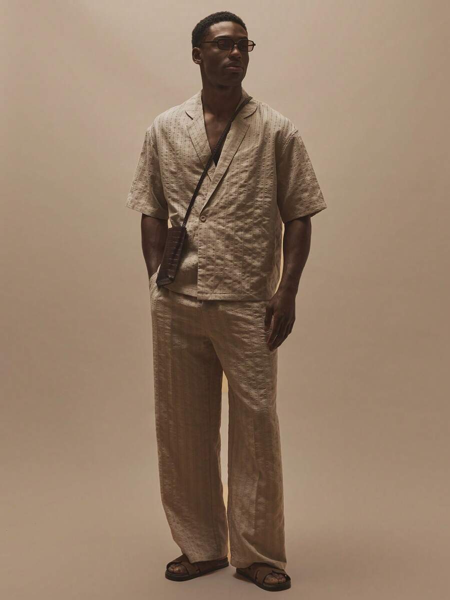Musero Pantalones rectos con cintura con cordón elástico y botón, con textura de rayas, esenciales de primavera/verano - Albaricoque - Ver 1