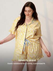 LUVLETTE Plus Size Women's Satin Yellow Printed Collared Button Short-Sleeved Top And Shorts Pajama Set Ruffled Collar & ShortSleeve Top Luxe Lounge Wear - Yellow - View 8