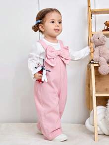 SHEIN Bộ áo liền quần dáng rộng bằng vải denim màu xanh dương điểm nhấn nơ 3D cho bé gái. - Hồng - Xem 4