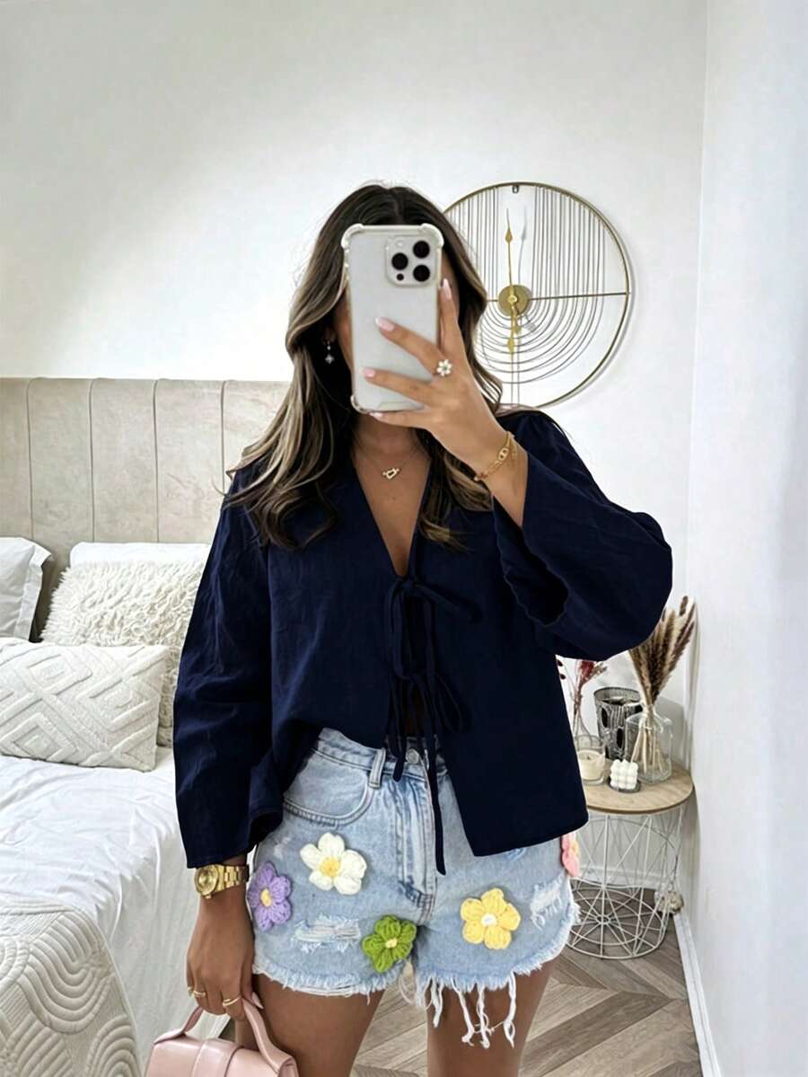 EMERY ROSE Áo sơ mi nữ trơn màu, kiểu dáng thường ngày, có cà vạt. - Màu xanh hải quân - Xem 1