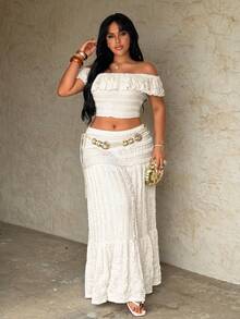 Rustia Conjunto de 2 piezas estilo francés chic blanco para verano, top corto con volantes + vestido casual versátil, estilo sexy de ocio, adecuado para vacaciones de verano - Blanco - Ver 7