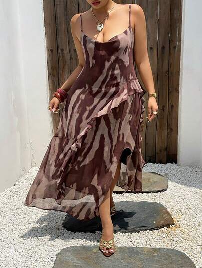 Dazy Plus Đầm hai dây bằng chiffon họa tiết in không đều, kiểu dáng nghỉ dưỡng, ôm dáng, cỡ lớn dành cho nữ, màu nâu, thích hợp cho mùa xuân/hè.