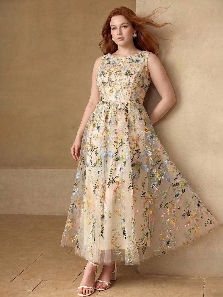 PLUS SIZE WOMEN'S ROUND NECK SLEEVELESS MESH EMBROIDERED DRESS, CASUAL & DATE WEAR, SPRING/SUMMER