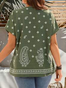 EMERY ROSE Blusa de manga corta con botones y estampado floral para mujer talla grande, estilo boho de verano para vacaciones y días festivos, estilo casual de campo y playa - Verde militar - Ver 2