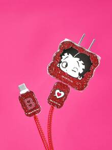 Betty Boop x SHEIN Bộ 3 ốp bảo vệ cáp dữ liệu, phù hợp với bộ sạc , họa tiết hoa anh đào, ốp bảo vệ bộ sạc (không kèm cáp dữ liệu) - Đỏ - Xem 2