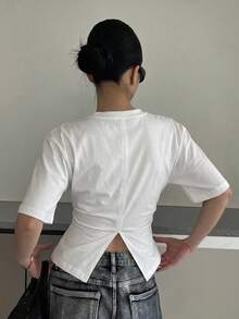 DAZY 女士休闲纯色露背T恤，适合夏季穿着，百搭时尚，Y2K风格 - 白色 - 查看 5