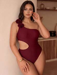Swim Chiccia 2026 New Summer Beach Vacation Women's Solid Color Hollow Minimalist Sexy Stylish One-Piece Swimsuit, Plus Size One-Piece Swimwear Red - Burgundy - View 6