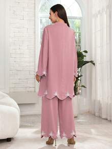Lacomfia Women's V-Neck Embroidered Loose 2 Pieces Set, Autumn Tea Party Dusty Pink Modest - Dusty Pink - View 6