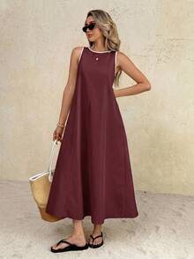 Vestido largo de cuello redondo casual para mujer, adecuado para uso diario y citas - Burdeos - Ver 6