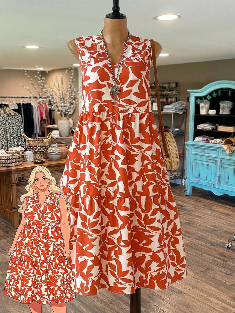 Plus Size Sleeveless Colorblock Allover Print Loose Summer Dress Summer Outfit For Women Beach Outfits For Women Beach Outfits